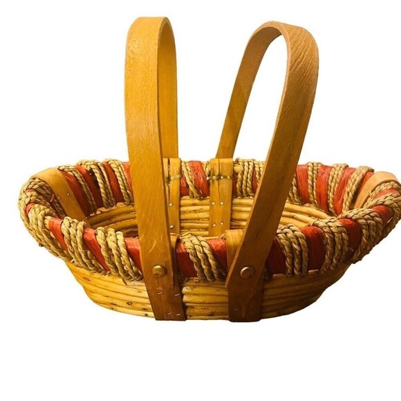 VTG Small Two Handle Rattan Wicker Basket Red Weaved Rim Cottagecore Farmcore - Picture 1 of 15